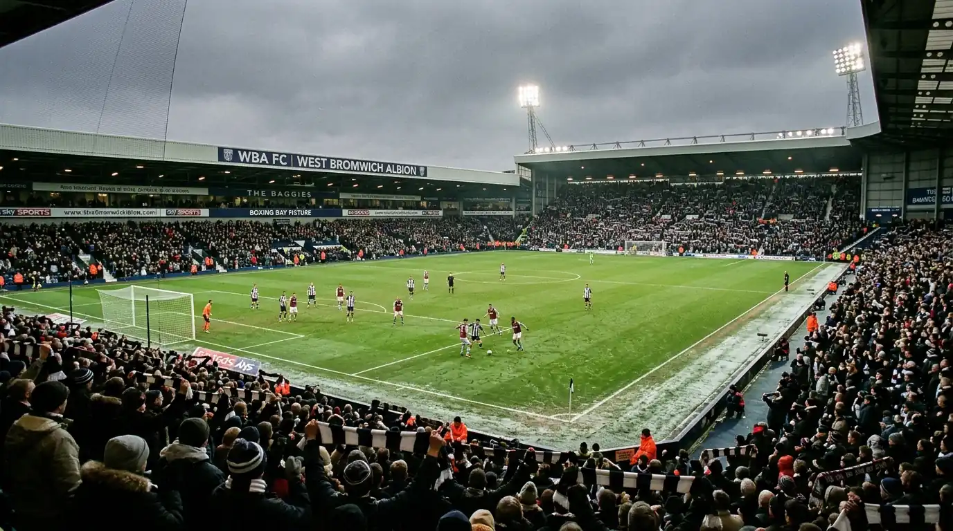 Estadio de la Premier League decorado para el Boxing Day con nieve en las gradas