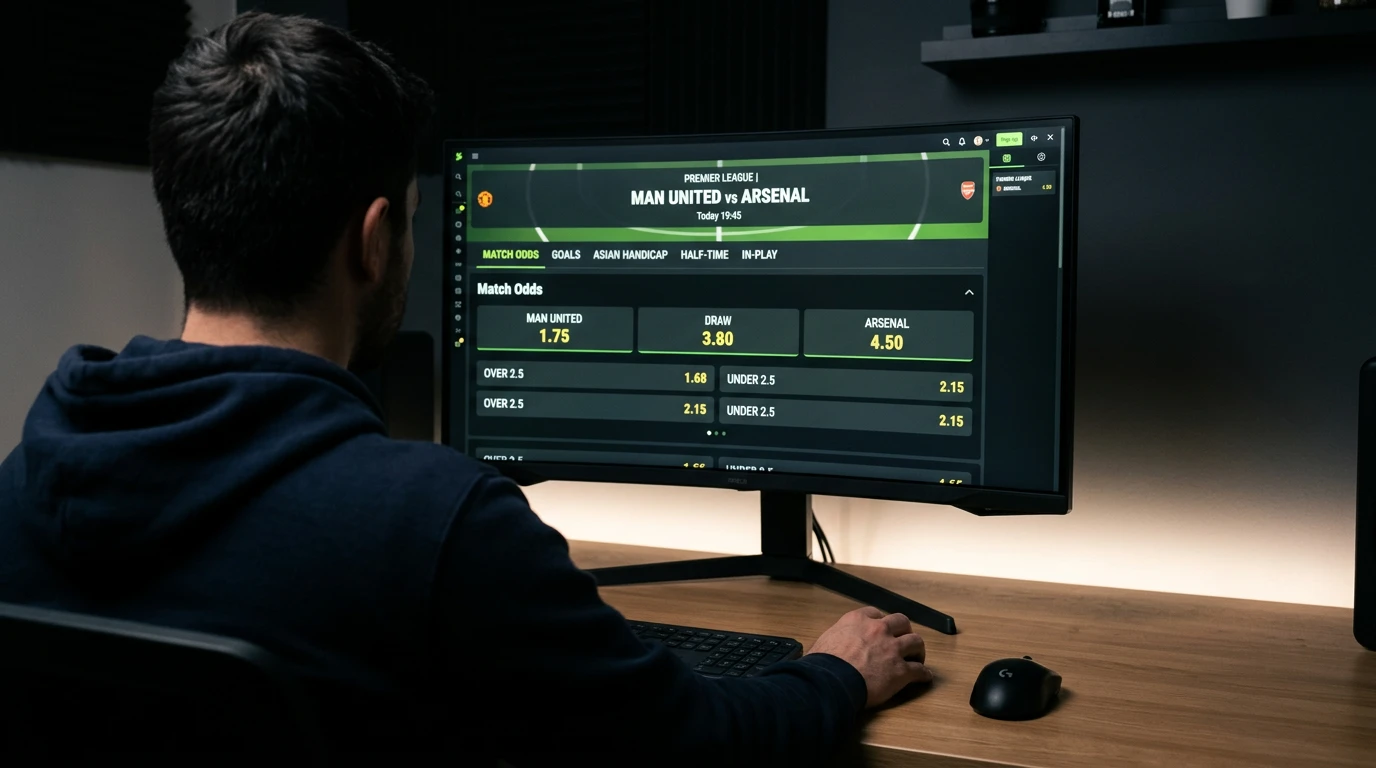 Pantalla de operador mostrando mercados de apuestas y cuotas de un partido de la Premier League